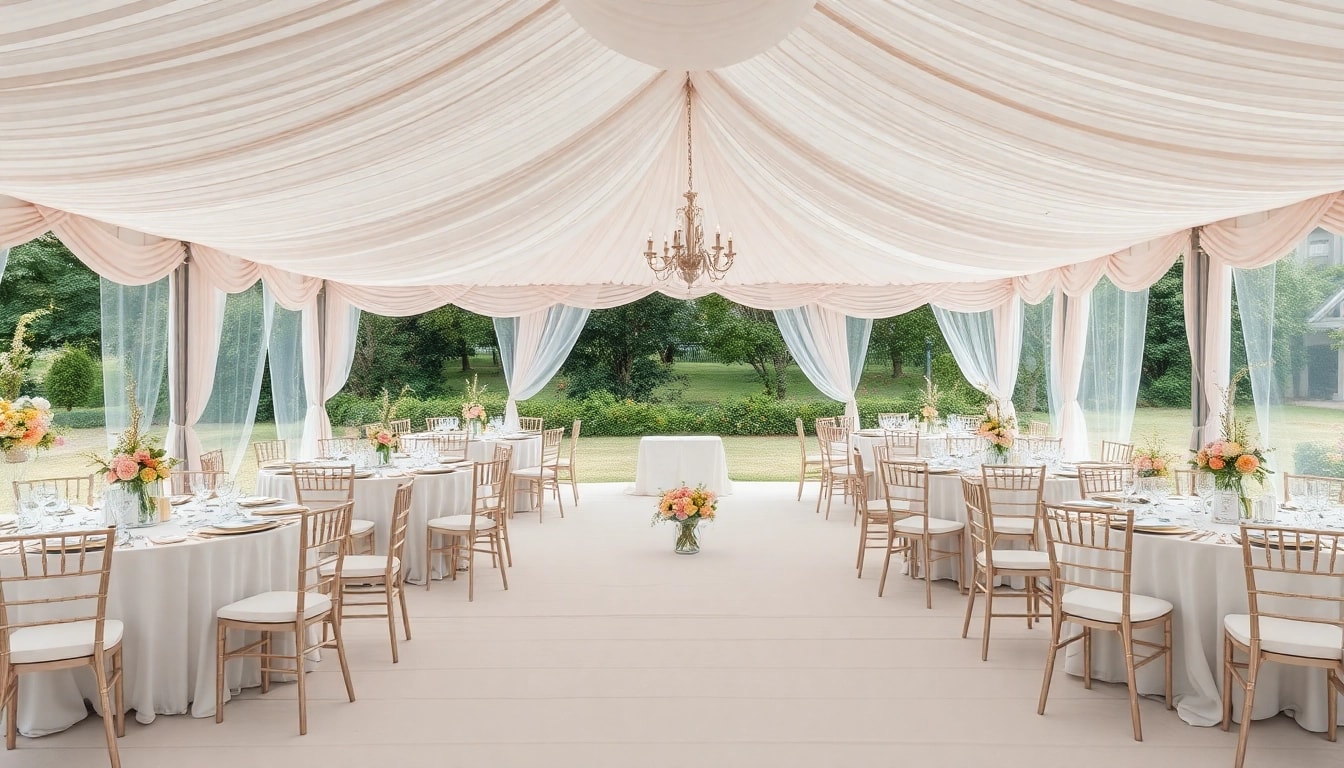 Stunning wedding tent chair & table rentals arranged beautifully in a garden setting.