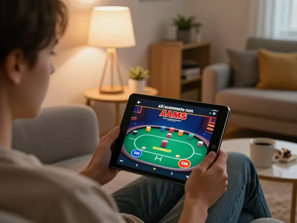 Scena coinvolgente di un giocatore che partecipa ad attività sui siti scommesse non AAMS tramite tablet in un ambiente domestico accogliente.