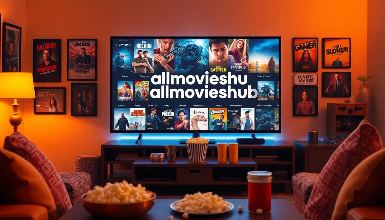 Experience the allmovieshub platform with diverse movie posters showcasing an inviting home cinema setup.