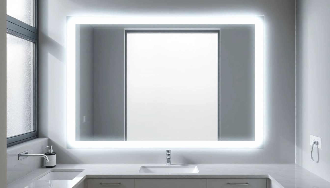 Bright LED mirror illuminating a modern bathroom with elegant decor