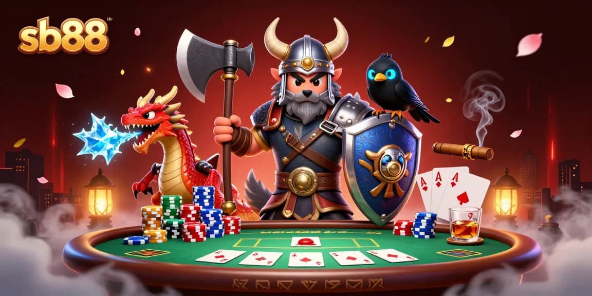 Engage in thrilling poker action with sb88's Viking warrior, dragon, and raven in a vibrant casino scene.