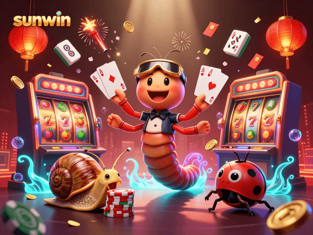 Experience the excitement of sunwin with a vibrant casino scene featuring a millipede dealer, high-roller snail, and thrilling slot action.