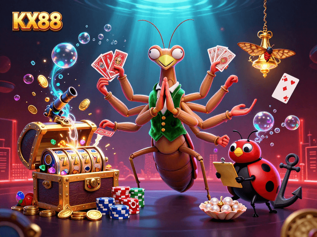 KX88 offers immersive gaming with a giant mantis dealer, slot reels, and vibrant casino elements.