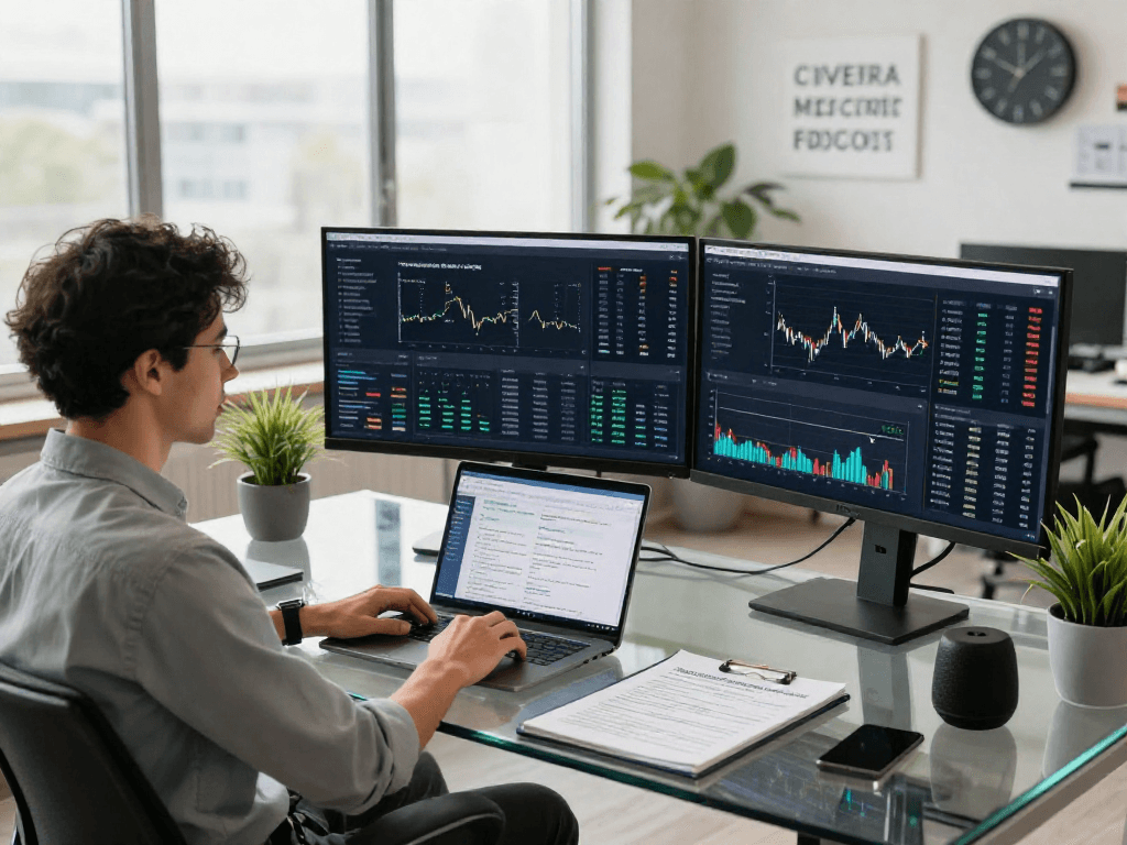 A data analyst examining debet transaction analytics at a modern financial workspace.