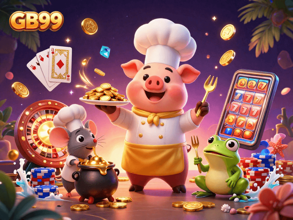 Win big at GB99 with festive 3D cartoon characters serving gold coins in a vibrant casino scene.
