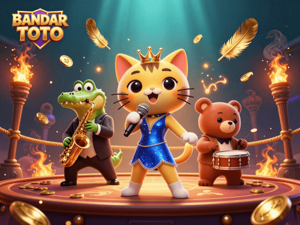 BANDAR TOTO captures excitement with a jazzy cat crooning at a casino event surrounded by golden tokens.