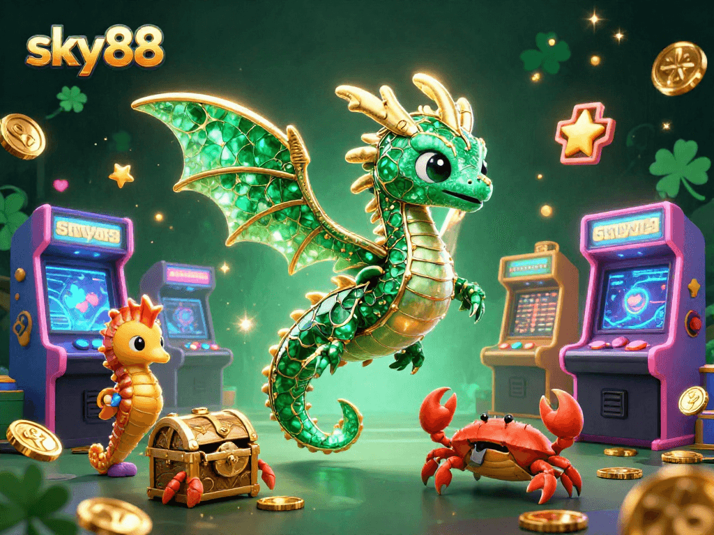 Experience thrilling gameplay at sky88 with 3D treasure elements and vibrant gaming aesthetics.