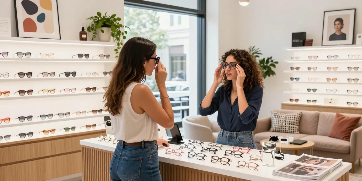 A young woman trying on stylish óculos de grau with an optician in a modern eyewear boutique.