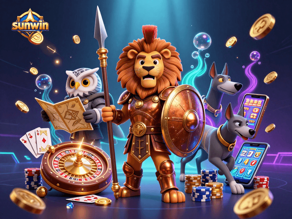 Experience big wins with sunwin in this dynamic 3D casino scene featuring a Spartan lion and playful elements.