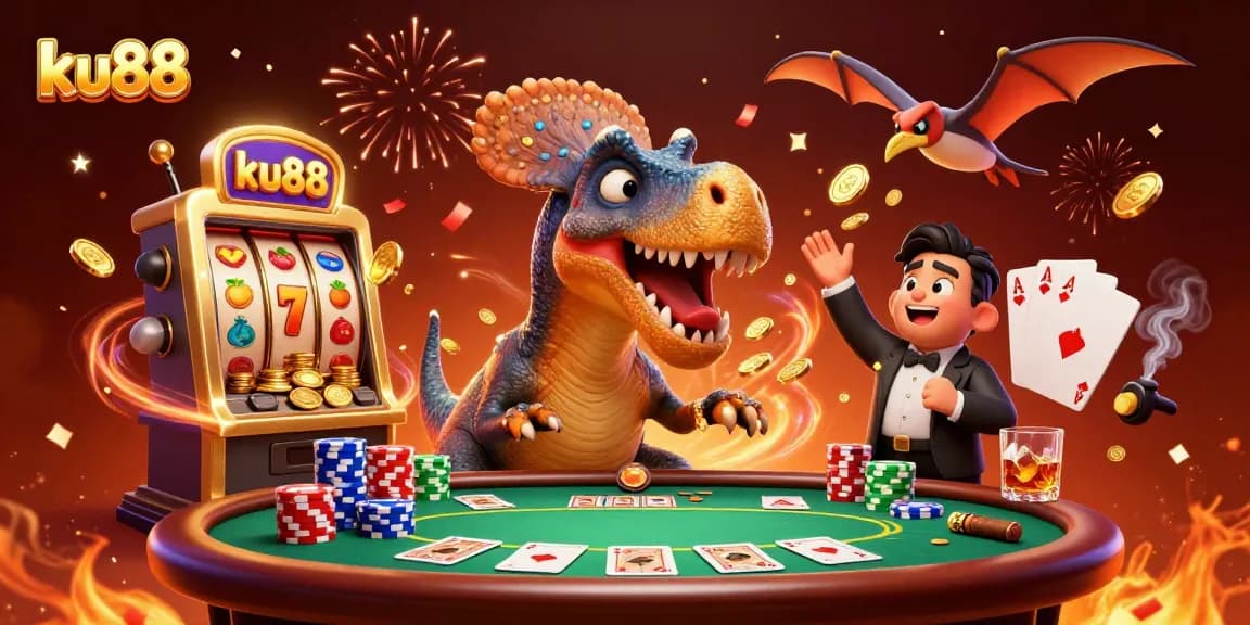 ku88 captures excitement as characters interact with a slot machine amidst a bustling casino scene.