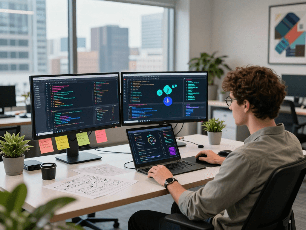 Blockchain developer working with USDT0 on dual monitors in a modern office.