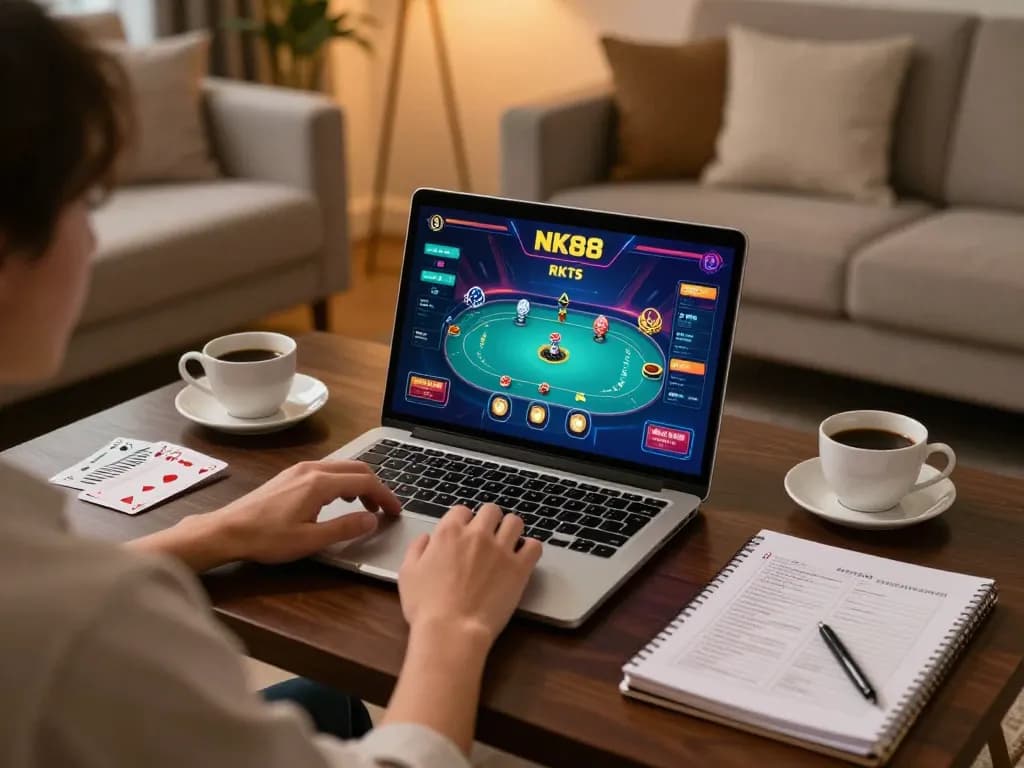 Player optimizing strategies on NK88 online poker interface in a cozy gaming setup.