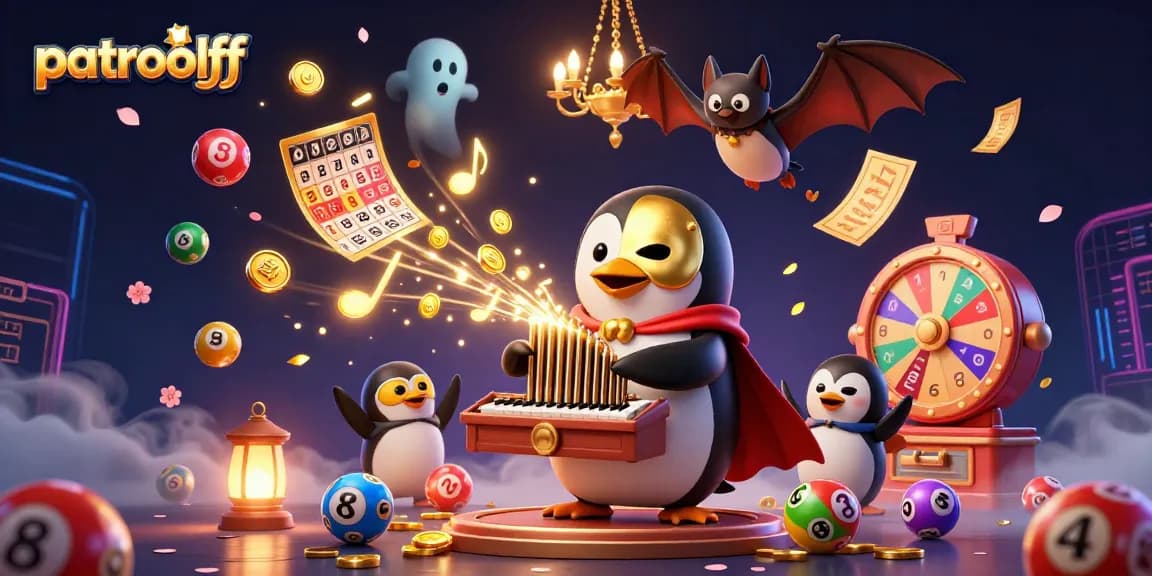 Experience excitement with patroloff as a penguin plays a gold-shooting organ amidst bouncing lottery balls.