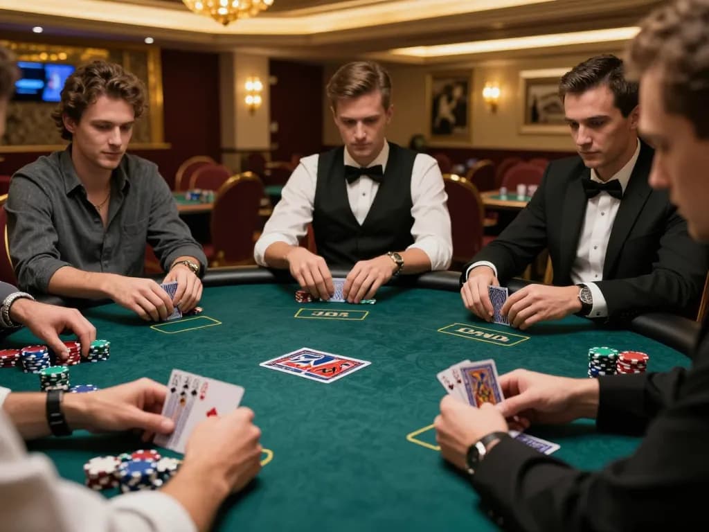 NK88 poker players evaluate their hands and strategize bets in a luxury casino setting.
