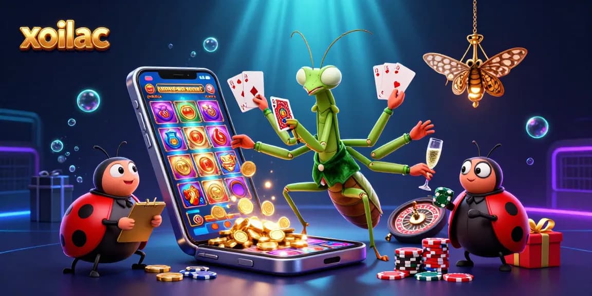 Xoilac sports betting scene featuring a giant praying mantis card sharp and ladybug pit boss, with casino elements.