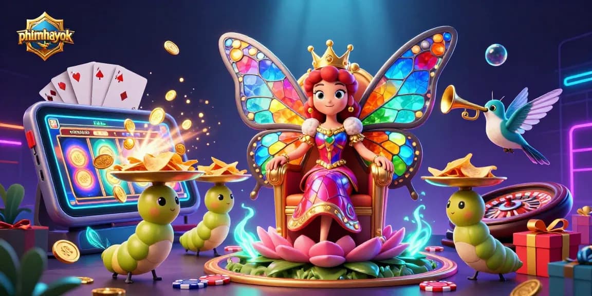 Experience thrilling spins with phimhayok's vibrant butterfly queen in a dazzling casino scene.