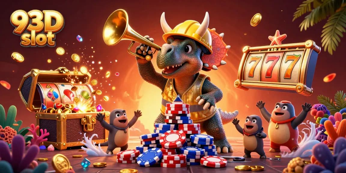 Experimente a adrenalina dos slots 93D, com um tricerátopo construindo pirâmides de fichas ao lado de um parasaurolófico festivo.