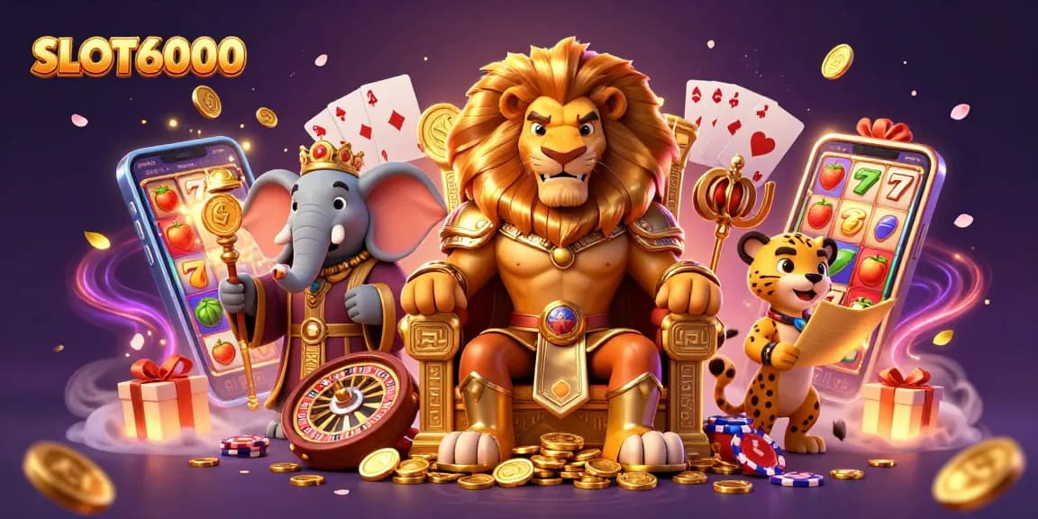 Engage with SLOT6000's vibrant slot games featuring a lion king, elephant, and cheetah.