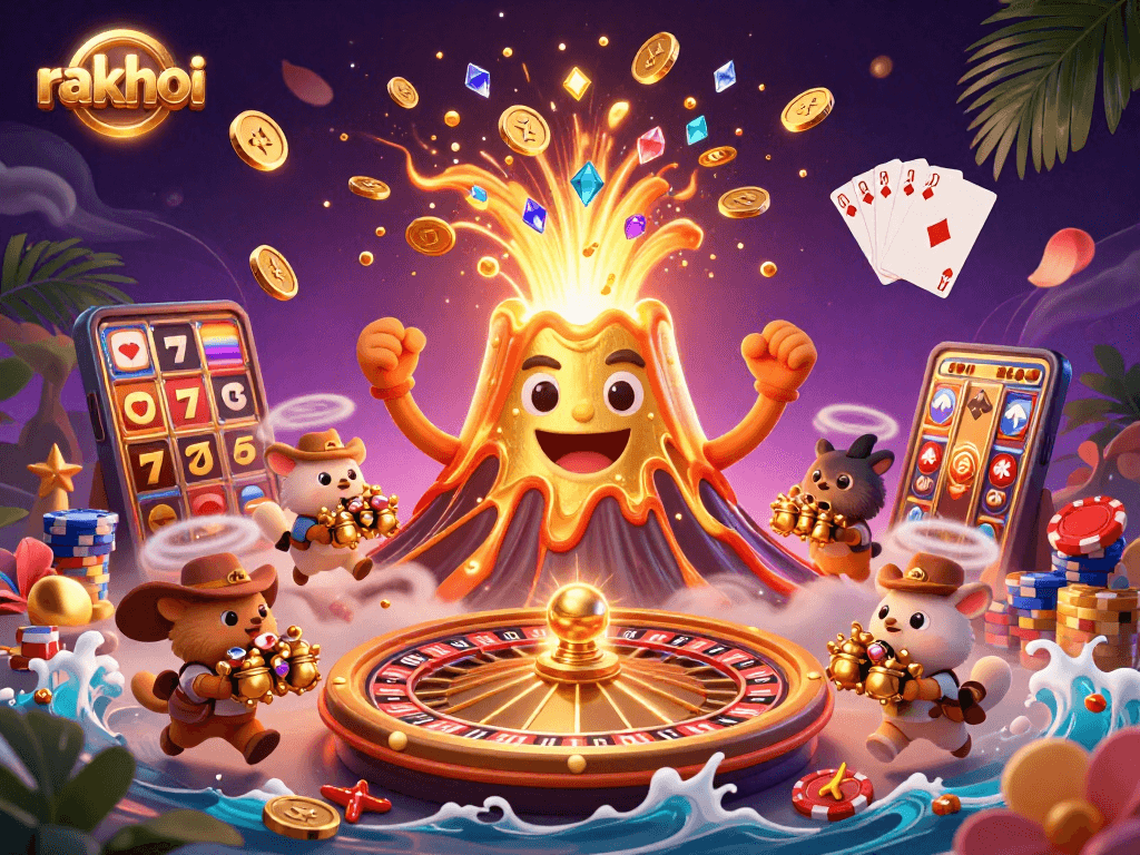 Experience rakhoi's thrilling moments with cascading coins and a golden volcano erupting, capturing the essence of online gambling.