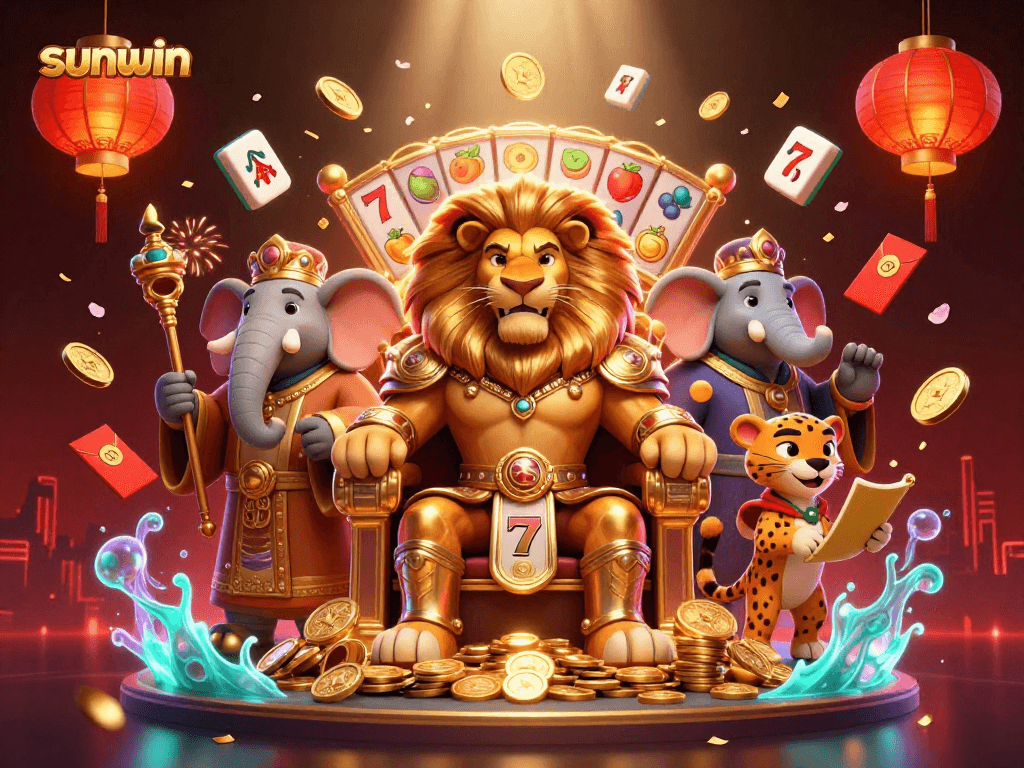 Witness the majestic sunwin lion king amidst a vibrant slots scene filled with fortune symbols.