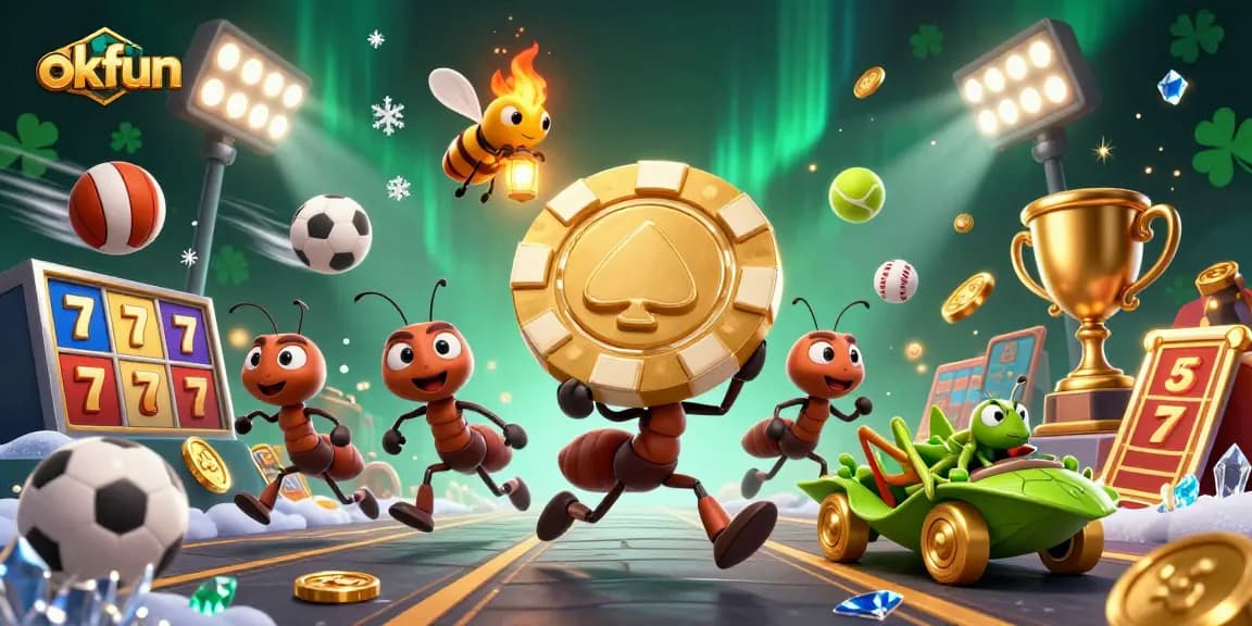 Experience the excitement of okfun through this dynamic illustration featuring ants heisting a giant poker chip.