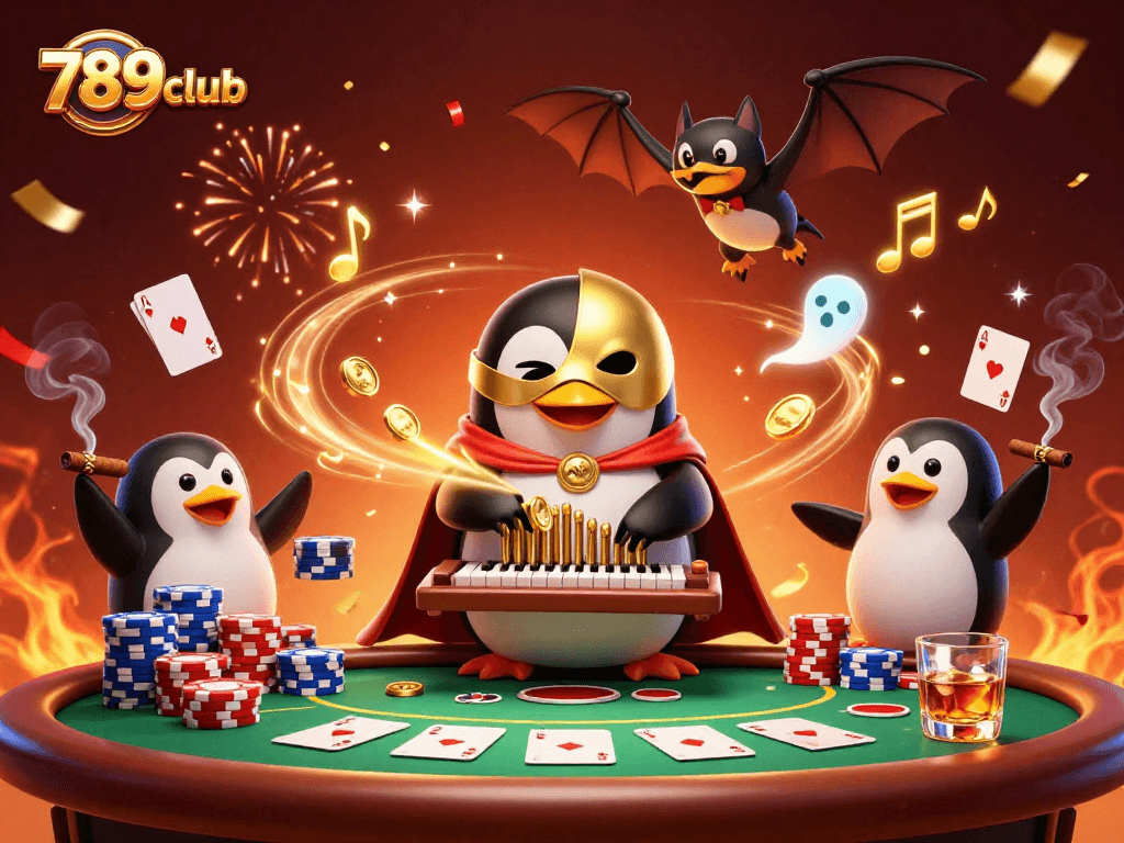 Experience the thrill of 789club with a whimsical penguin playing for golden coins amidst poker excitement.
