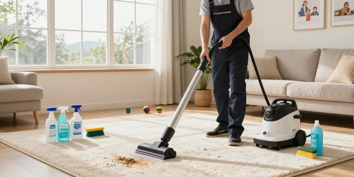 Expert carpet cleaning Buffalo ny in a bright living room, showcasing advanced cleaning equipment and a family-friendly environment.
