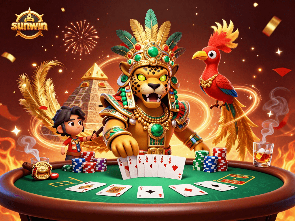 Experience thrilling gameplay with sunwin as the Mayan jaguar priest captivates a poker table scene.