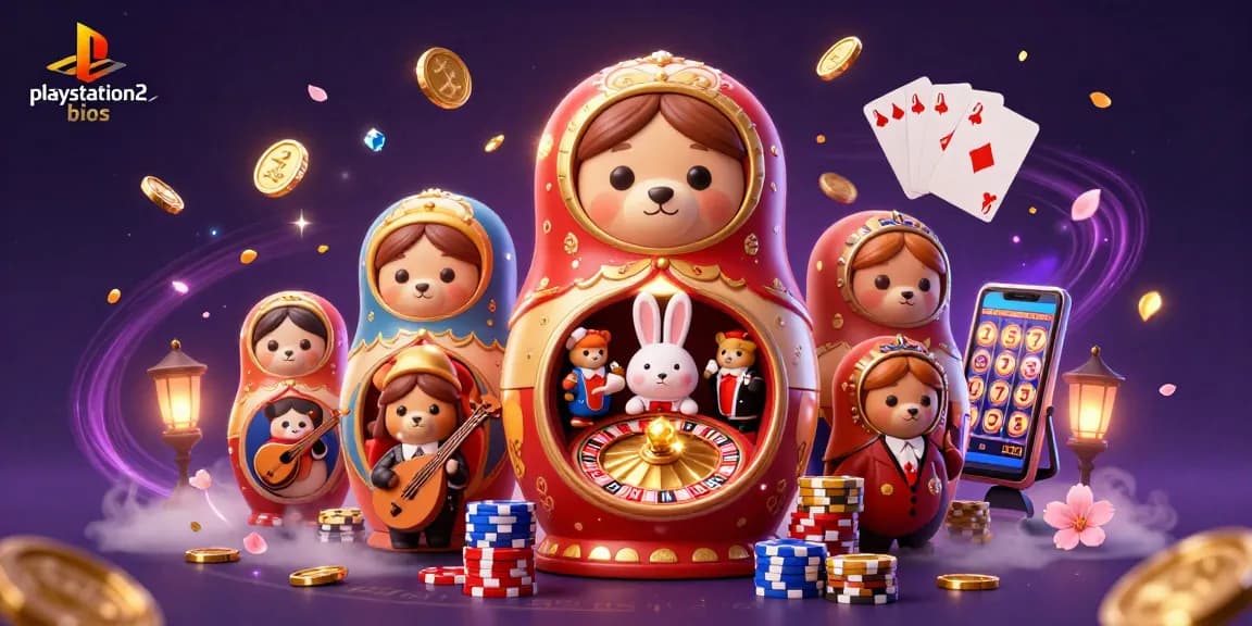 Experience winnings with playstation2bios in a vibrant casino-themed illustration featuring characters and game elements.