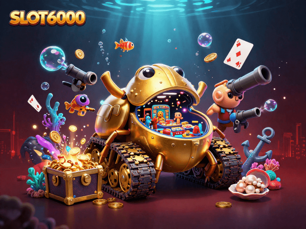 Play vibrant slots at SLOT6000, with dynamic scenes featuring games, treasures, and immersive elements.
