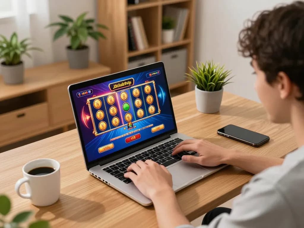 Engaging with Jdclub9vip online gaming on a laptop at home, showcasing vibrant casino graphics