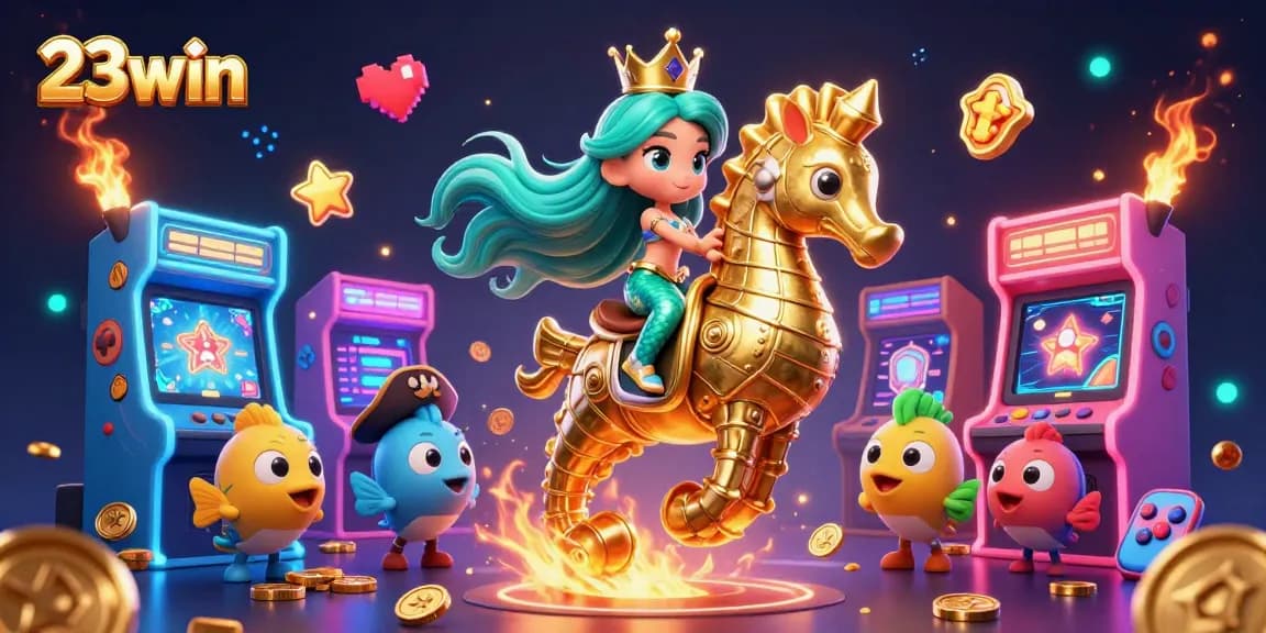 Engage with 23win casino games in a vibrant illustration with a mermaid and seahorse.