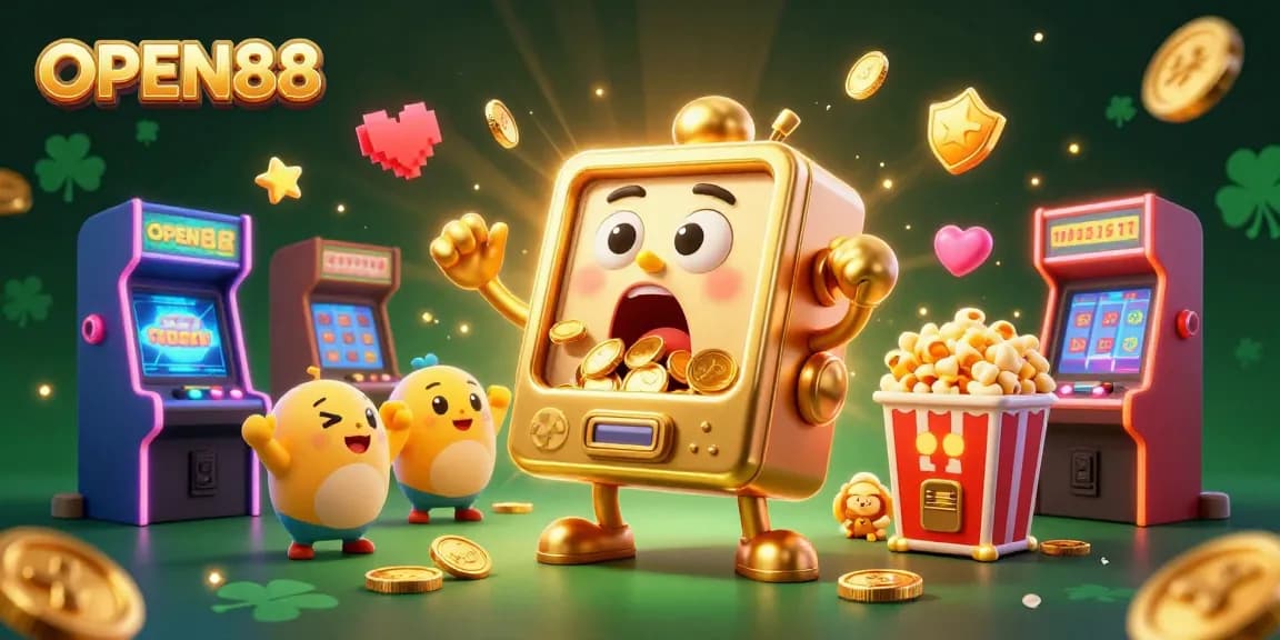Engage with OPEN88's thrilling gaming experience as a golden slot machine celebrates a jackpot with cheerful companions.