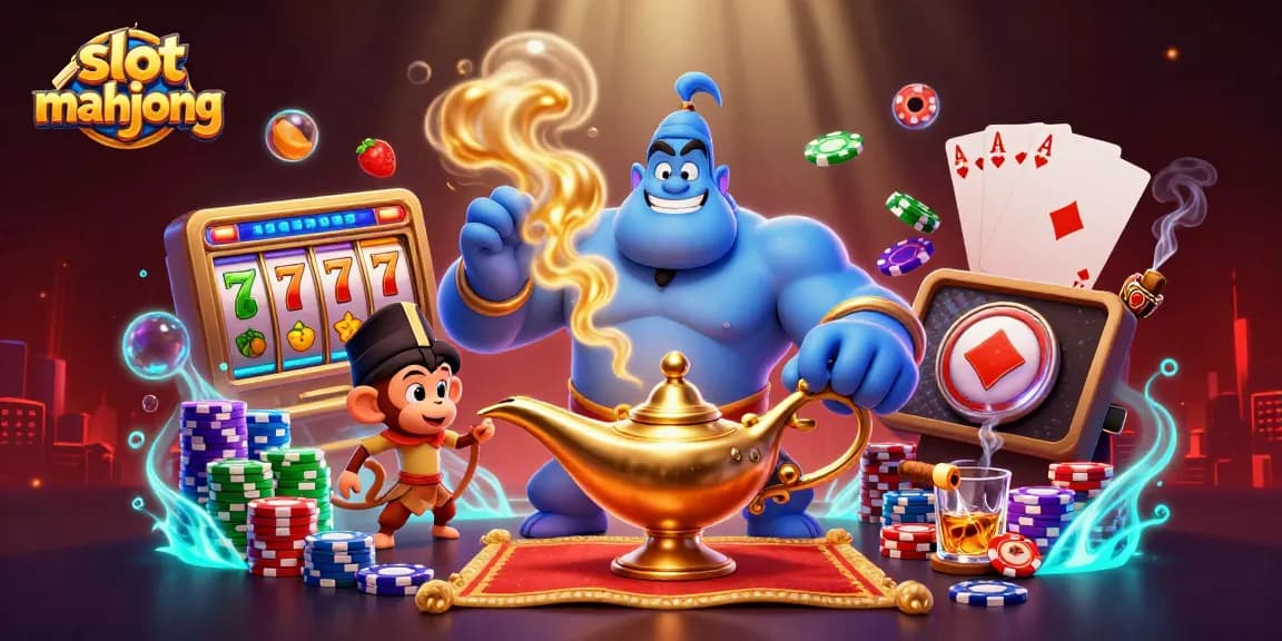 Experience the excitement of slot mahjong with this vibrant 3D illustration showcasing casino elements and magical characters.