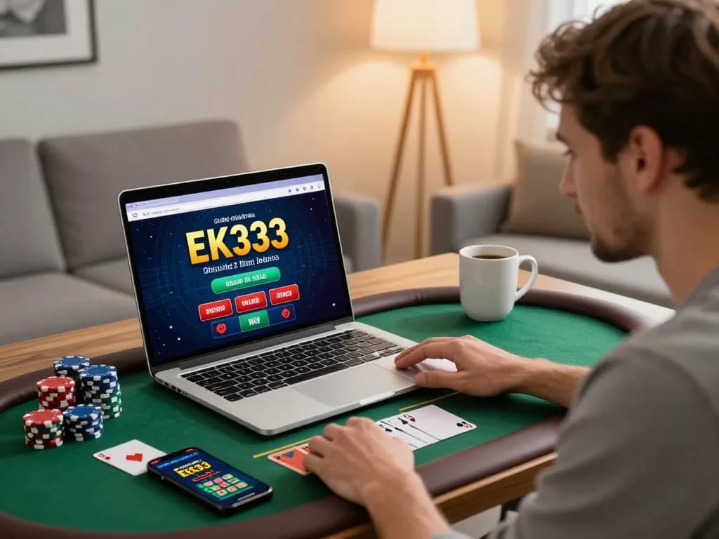 Engaging gameplay on EK333 online casino with user strategizing using a laptop at home.