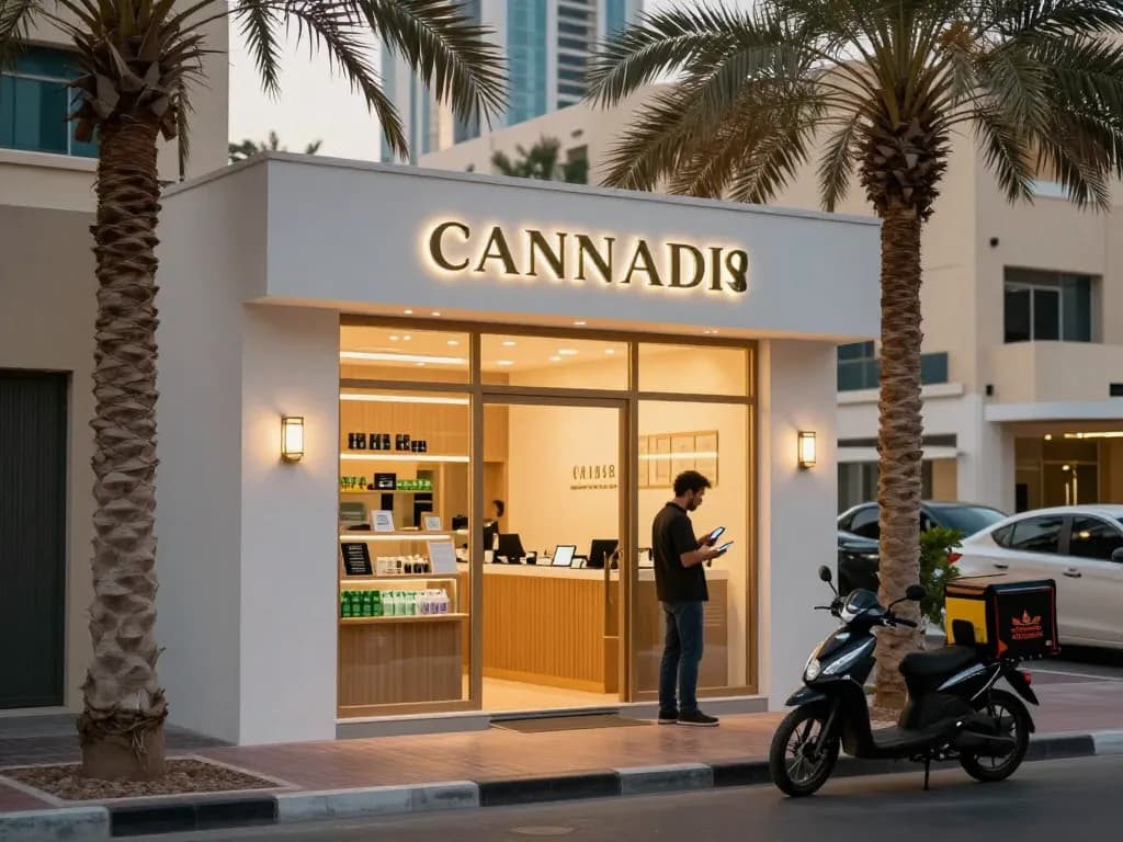 Where can I buy cocaine in Abu Dhabi? Modern cannabis shop in Dubai with warm evening lighting, showcasing vibrant culture and quick service.