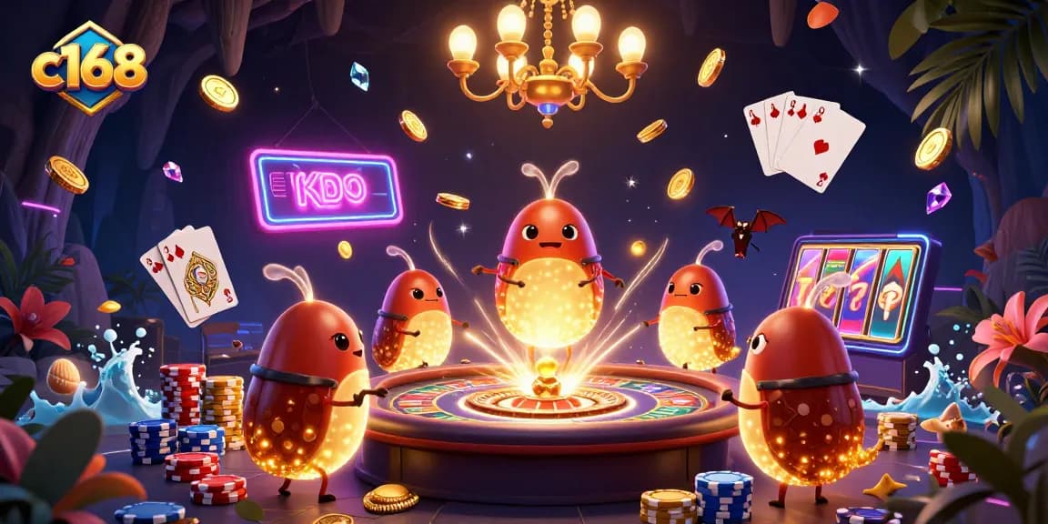 C168 players enjoy a vibrant casino experience with glowworms and exciting game elements illuminating the scene.