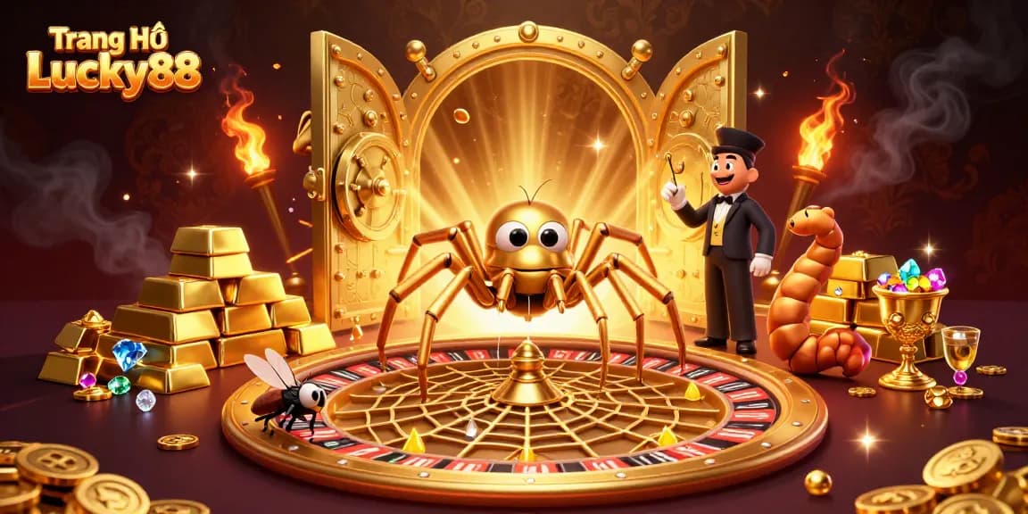 Experience the excitement of Trang Chủ Lucky88 with a 3D illustration of a golden roulette wheel, spider, and dynamic elements.