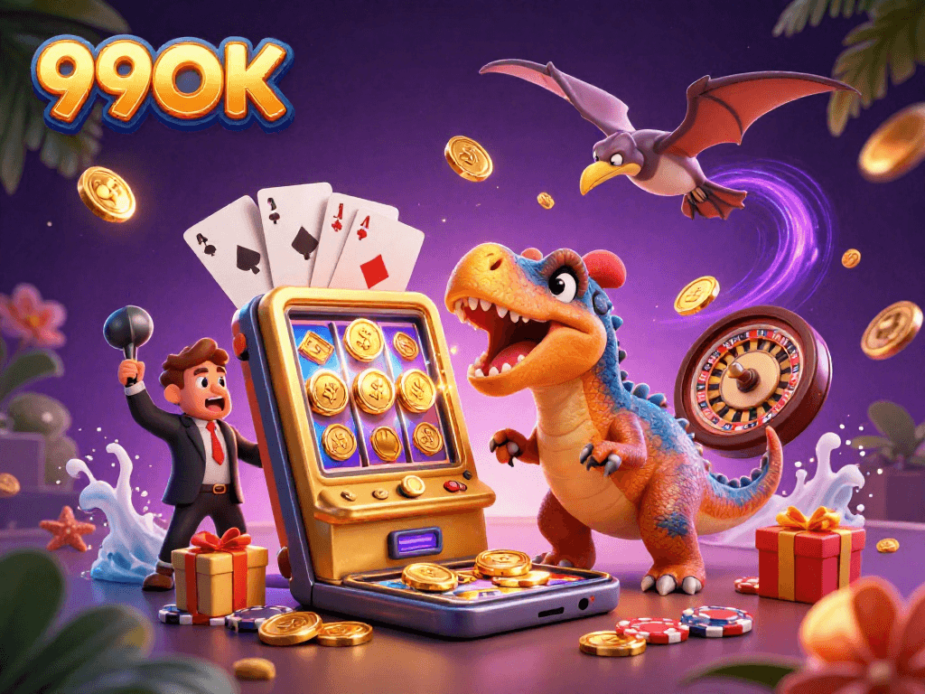 99OK casino scene featuring a dino winning slots, showcasing excitement and jackpot coins
