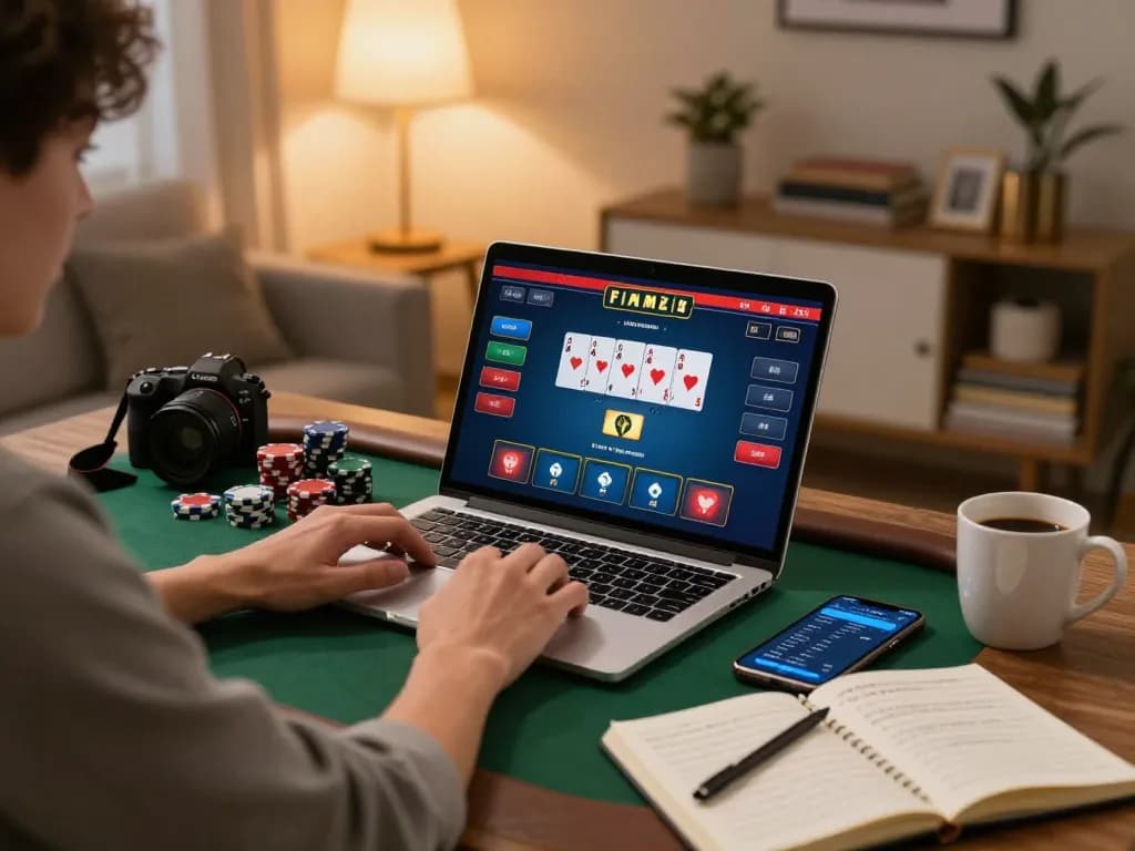 Duitgini player engaging in a strategic online poker game with focused ambiance and betting notes.