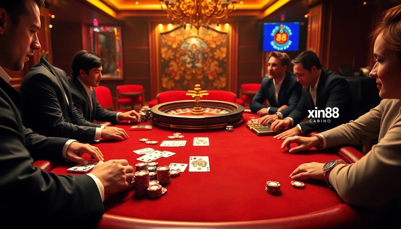 Experience excitement at xin88 with players enjoying poker in a vibrant casino atmosphere.