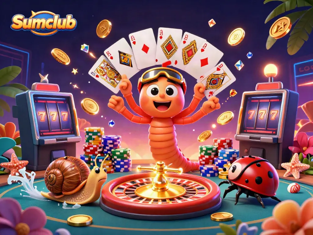 Experience thrilling gameplay at Sumclub with a 3D illustration of casino characters and vibrant slot game elements.