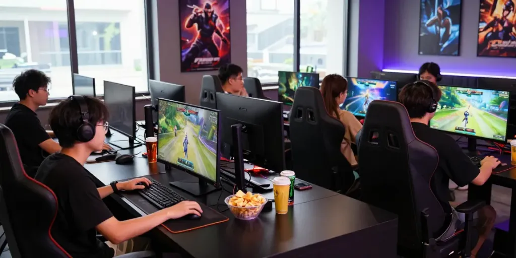 Engaged gamers in a vibrant gaming lounge with rokok88 theme, energetic atmosphere.