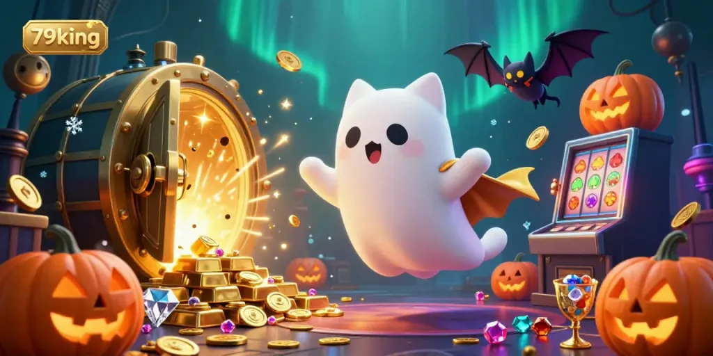 Explore the captivating world of 79king in a haunted casino with ghostly characters and glowing treasures.
