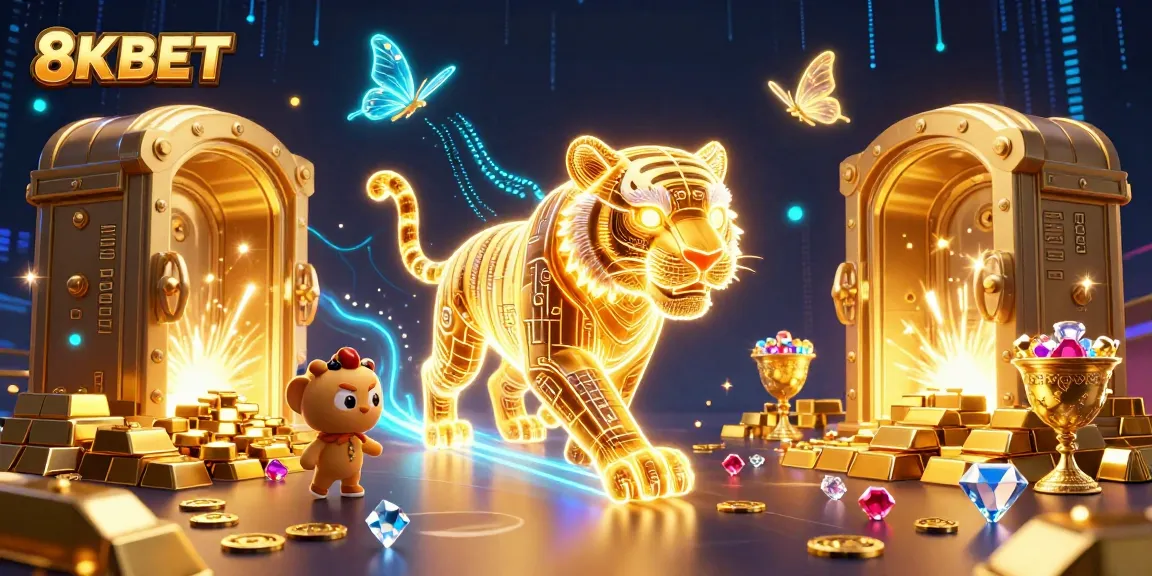 Win big with 8KBET as the neon tiger prowls through a dazzling digital casino landscape.