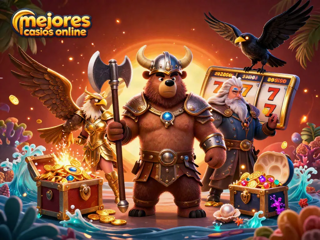 Mejores casinos online: Ilustración de un oso vikingo y un águila valquiria en un ambiente de casino 3D