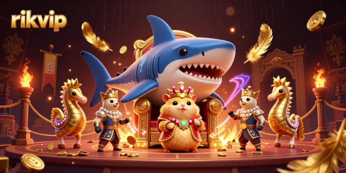Experience the thrill of rikvip with a majestic hamster king and his underwater guardians in a vibrant casino scene.