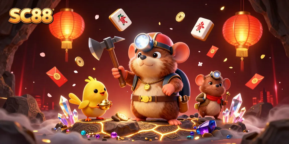 SC88 showcases an adventurous mole and canary in a treasure cave filled with glowing gems and vibrant casino elements.
