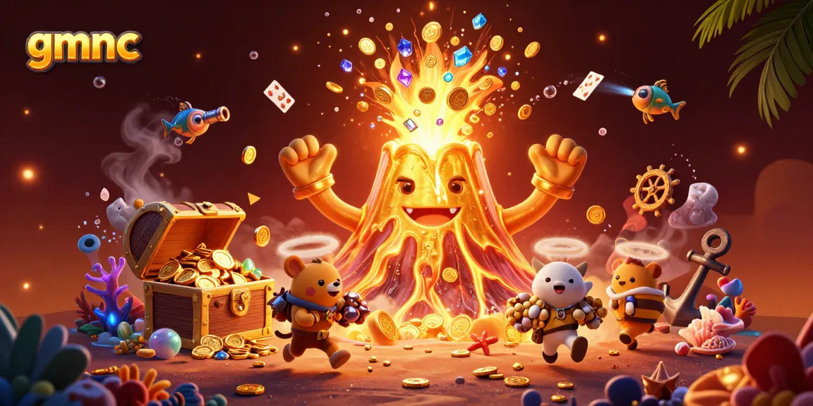 Experience gmnc's thrilling casino adventure with colorful gems and treasure amidst a lively 3D scene.
