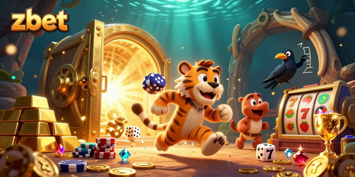 Join zbet at a prehistoric casino scene with cavemen, a saber-toothed tiger, and a clever crow managing games.